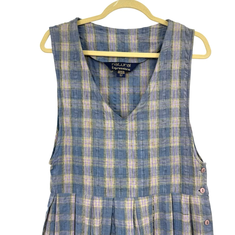 Vintage 90’s Blue Plaid Pinafore Jumper Dress Indian Cotton Preppy Cottagecore L - Image 3 of 4