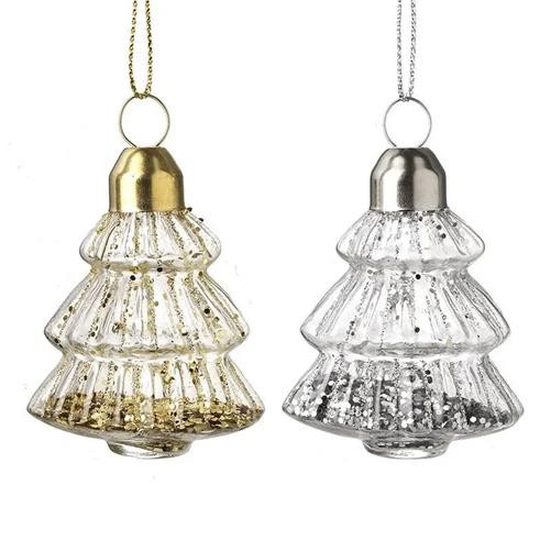 Gold OR Silver Glitter Filled Glass Tree Bauble 6cm (2 Assorted 1 Sent)
