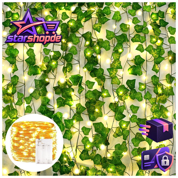 Efeu Girlande KüNstlich Mit 100 Led-Licht 200Cm HäNgend FüR Garten Hochzeit-image
