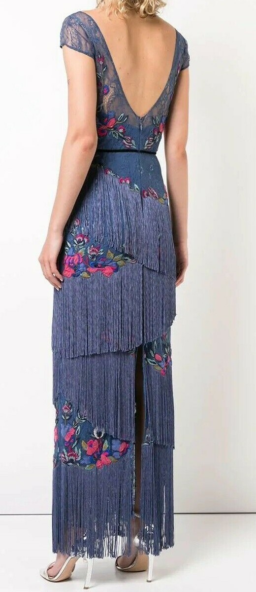 $1295 New Marchesa Notte Cap Sleeve Fringe Gown Dress Blue Embroidery Lace  8 16 | eBay