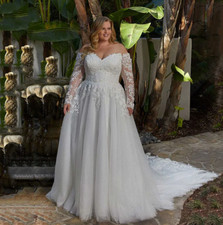 Long Train A Line Wedding Dresses Off The Shoulder Full Sleeves Lace Appliqued