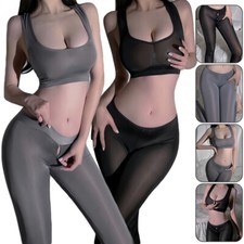 Erotic Lingerie See-through Yoga Workout Top Zipper Open Crotch Pants Outfits