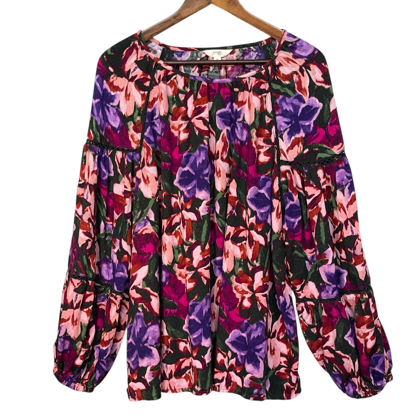 Terra & Sky Blouse Top Women Size 2X Multicolor Floral Long Sleeve Rayon Peasant