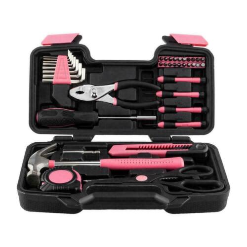 NUEVO 39 piezas Juego de herramientas rosa Kit de herramientas para el hogar Caja Mecánica Mujeres Damas