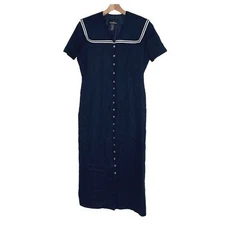 Postive Attitude size 14 blue + white sailor button up dress linen rayon blend