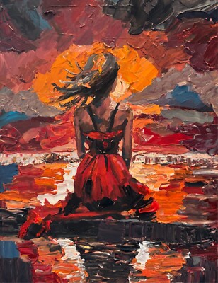 Original Impasto Woman Red Dress Beach at Sunset Textured palette knife Painting | eBay Original Impasto Woman Red Dress Beach at Sunset Textured palette knife Painting | eBay