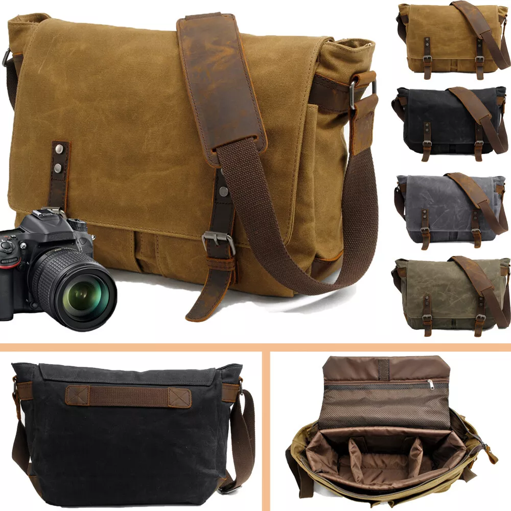 Leather Canvas Camera Bag Vintage DSLR SLR Messenger Shoulder Bag