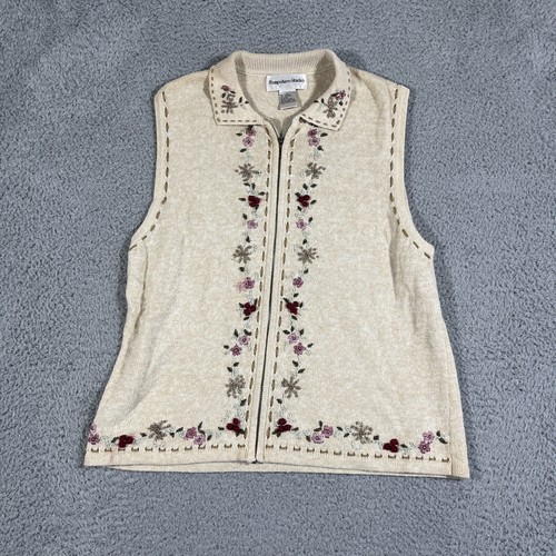 Hampshire Studio Floral Knit Sweater Vest Women L Embroidered Full Zip Bead Rose