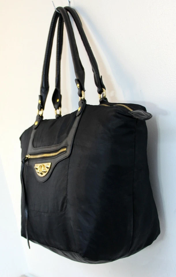 LARGE SAM EDELMAN BLACK NYLON VEGAN LEATHER HOBO TOTE SHOULDER BAG BOHO HANDBAG - Image 3 of 4