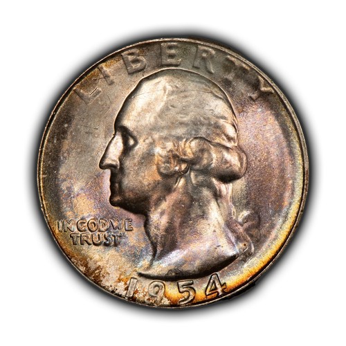 1954-S 25c Washington Quarter PQ Neon Rainbow Toning - NGC MS 66 - VIDEO - Z4404 - Foto 1 di 18