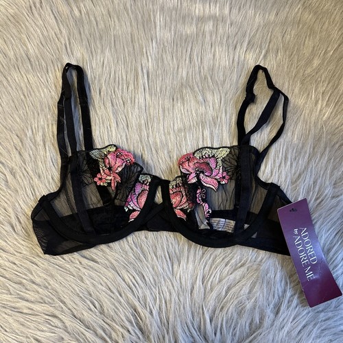 Adored By Adore Me Bra Women Size 32C Black Pink Floral Sheer Unlined Underwire