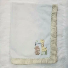 Just Born White Baby Blanket  I Love You Giraffe Bear Gingham Satin Fleece B20