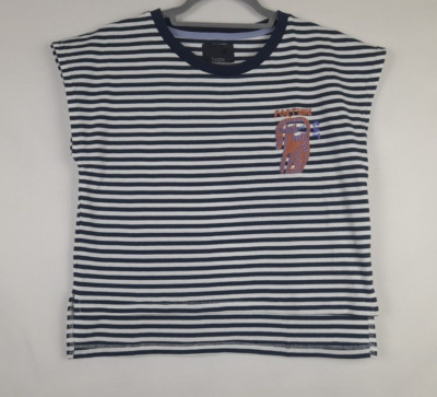 Isadora Size M Striped Fortune Cat Stretch High Low Hem Women's Crop Top NWT