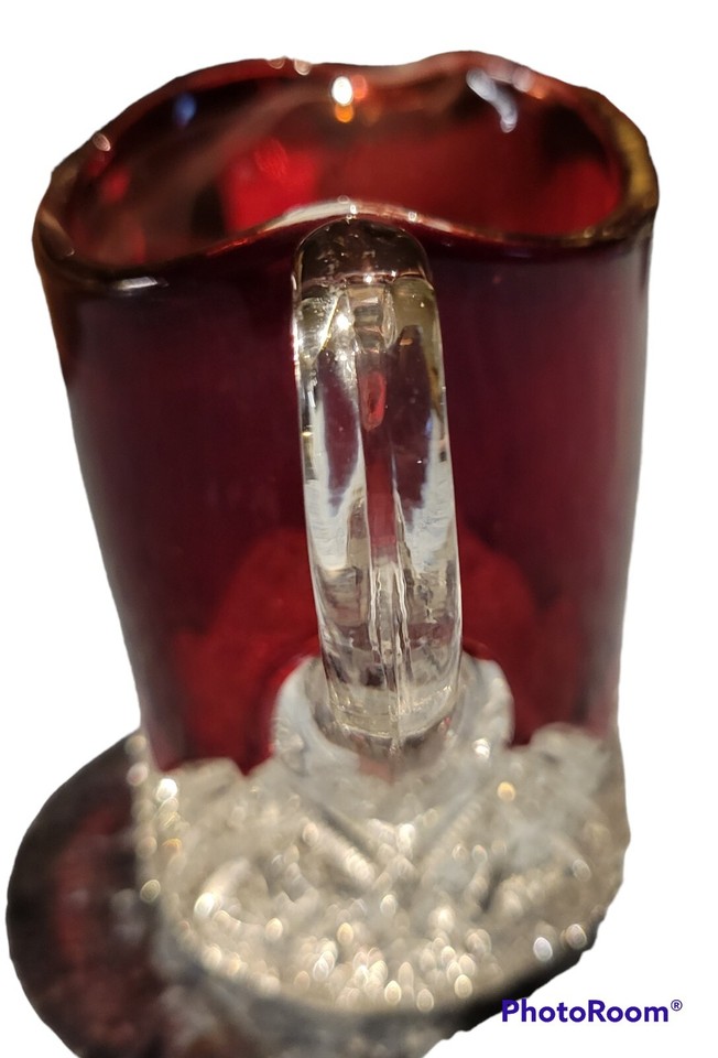 Ruby Red Stain Flash Glass Creamer Clear Diamond Pressed Handle Bottom ...