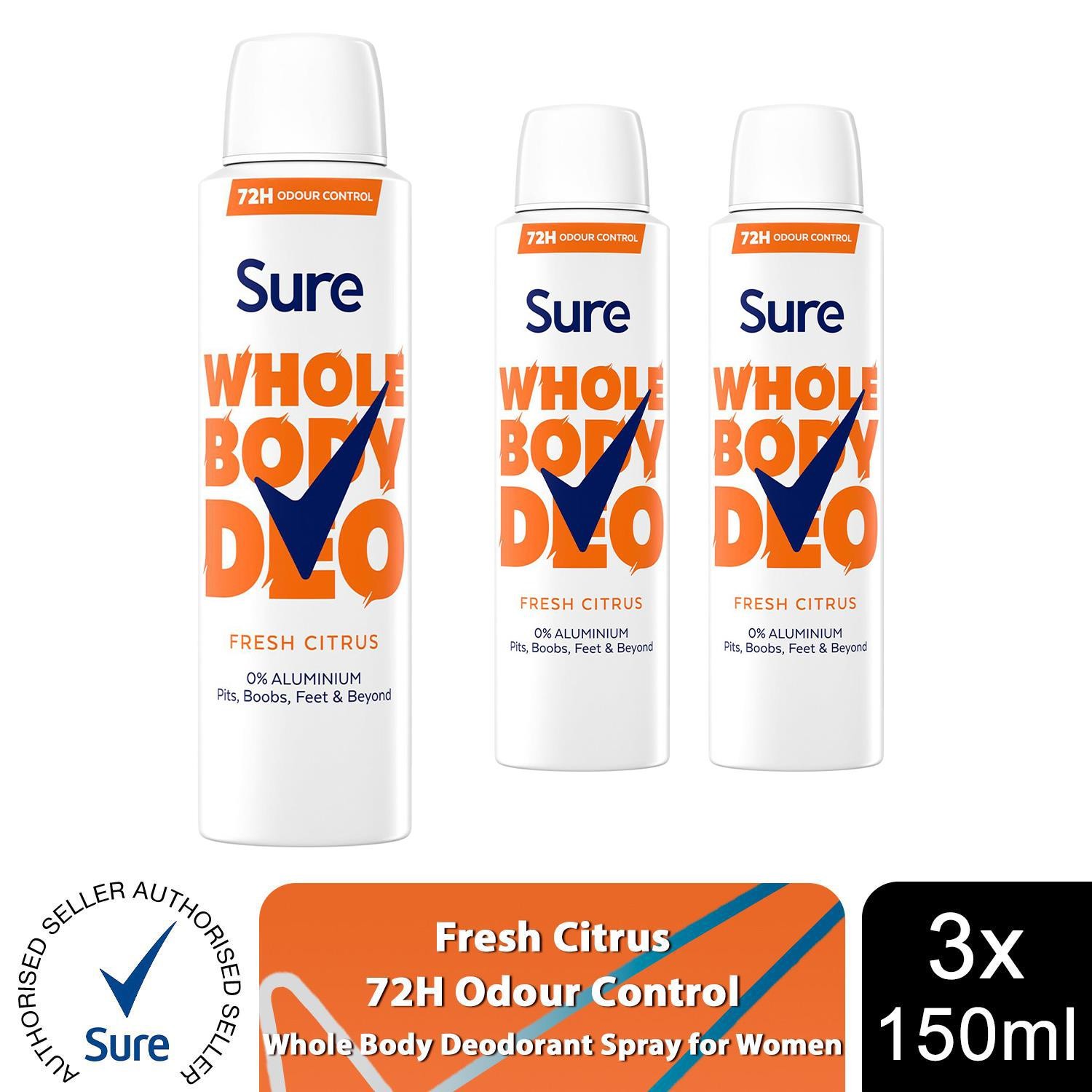 Sure Women's White Fresh Citrus Whole Body 'Deodorant Spray' Aluminium Free 150Ml, 3Pk In - Image 2