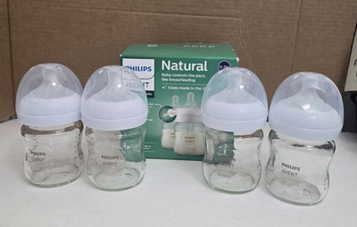 Phillips Avent Natural Baby Glass Bottles Breastfeeding 0-3mo AntiColic 4-pk