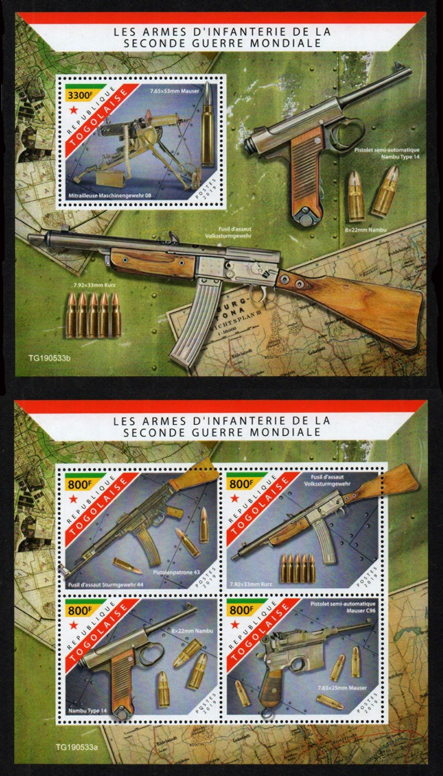 TOGO, MNH MINI SHEETS SET - INFANTRY WEAPONS USED IN WORLD WAR II, YEAR 2019