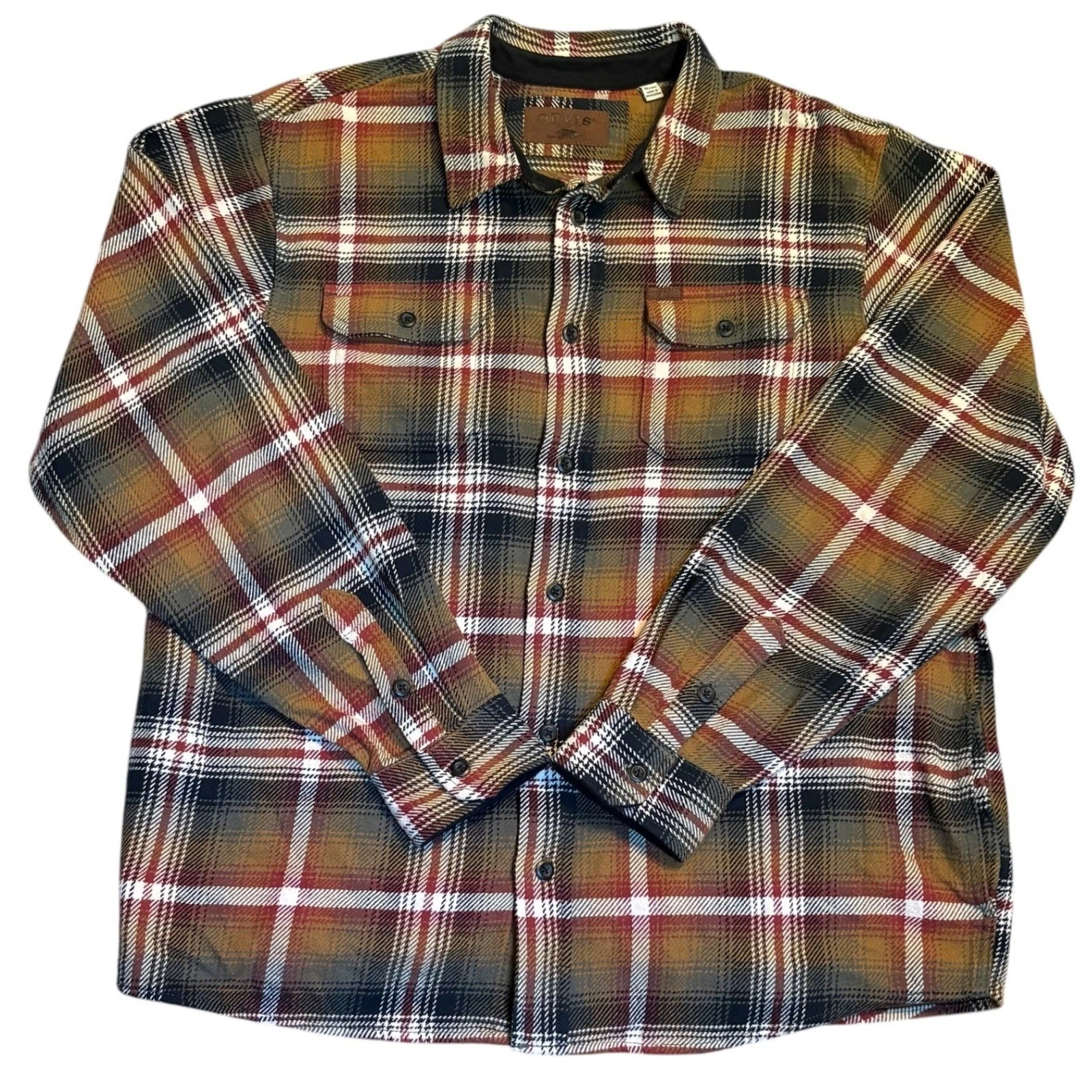 Orvis Button Down Shirt Mens XL Brown Plaid Long Sleeve Flannel Pockets