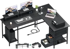 59 Inch L Shaped Computer Desk with Power Outlets, Home Office Desk with 4 Adjus