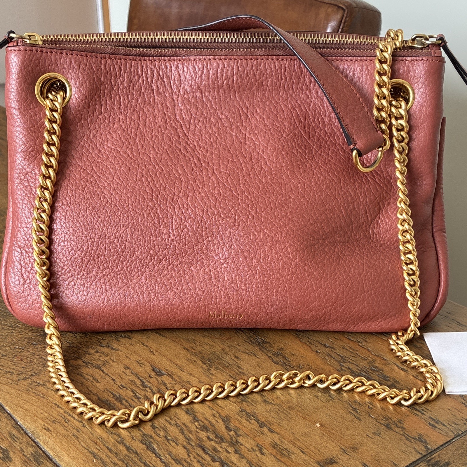 Mulberry Coral Pebbled Leather Crossbody Bag Gold Hardware Zip Suede Lining