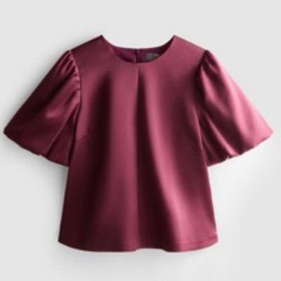 Primark Burgundy Crop Short Puff Sleeve Satin Blouse Size 10 New