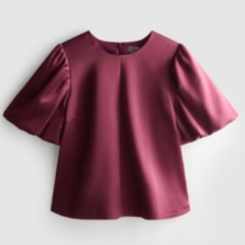 Primark Burgundy Crop Short Puff Sleeve Satin Blouse Size 10 New