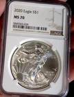 AMERICAN SILVER EAGLE 2020 NGC MS 70 1 TROY OZ BLAST WHITE