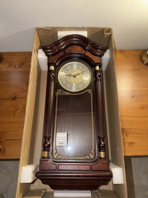 SEIKO Stately Dark Brown Solid Oak Case Wall Clock with Pendulum and Chime