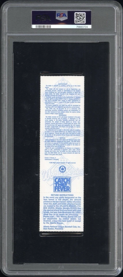 1992 World Series Game 6 Full Ticket Toronto Blue Jays 1st Title PSA 10 POP 5 - Image 2 of 3