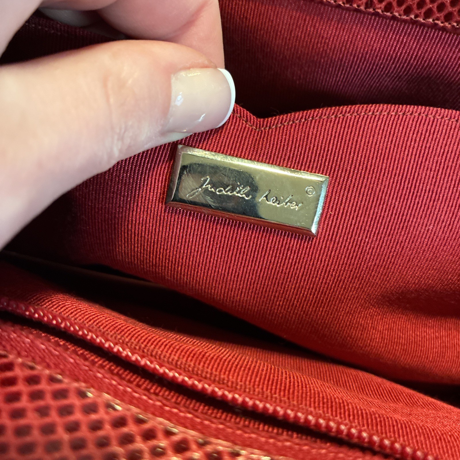 judith leiber Authentic Solid Red Leather Embosse… - image 9