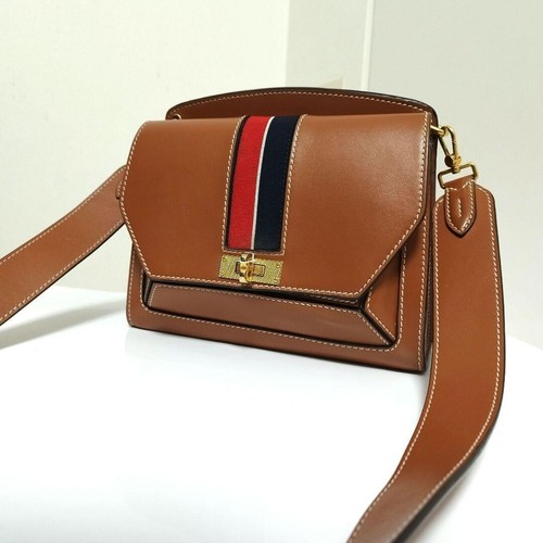 BALLY Shoulder Bag Turn Lock Calf Leather Brown Stripe From Japan