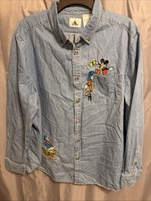 Disney Mickey Donald Goofy Pluto Embroidered Denim Button Down Shirt