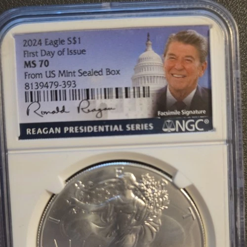 2024 U.S. Mint American Eagle FDOI Silver 1 oz .999 NGC MS 70 Bus. Reagan Series