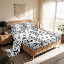 America Southwest Sheet Set King Size,Aztec Tribal Style Bedding Set,Black Wh...