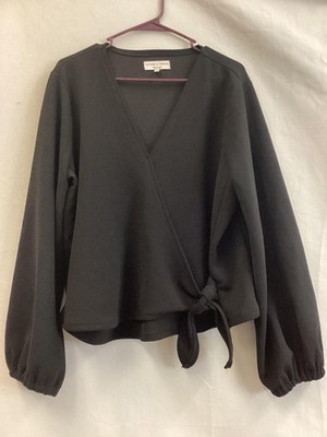 Madewell Texture & Thread Tunic Blouse Womens 2X Black V-Neck Tie Waist Stretch