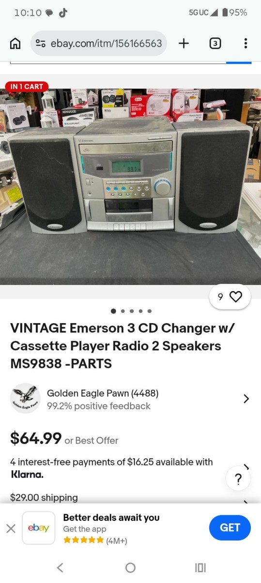 Emerson MS9838 3 CD Changer Cassette Player AM/FM Radio Silver