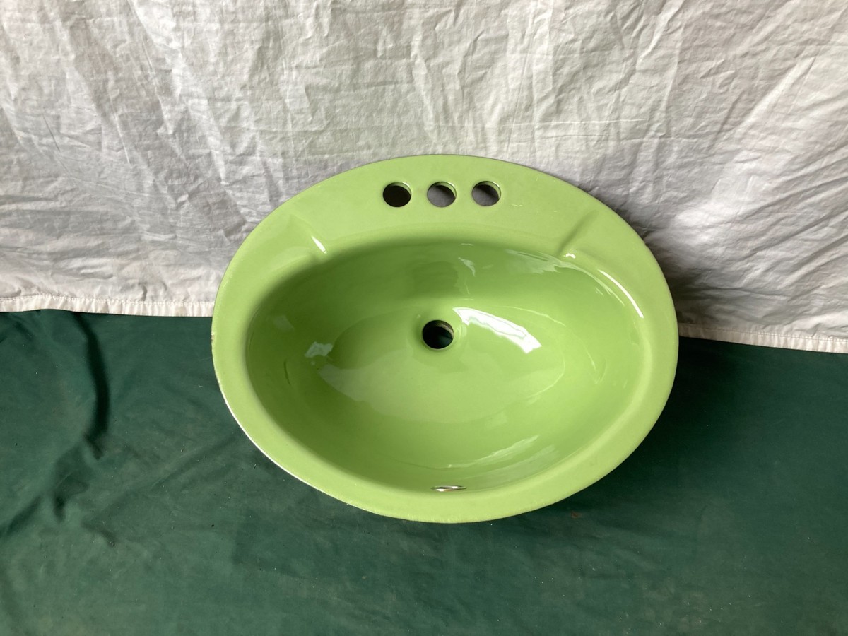hiroki 1234 Vintage NOS 19x16 Round Cast Iron Fresh Lime Green Drop In Sink