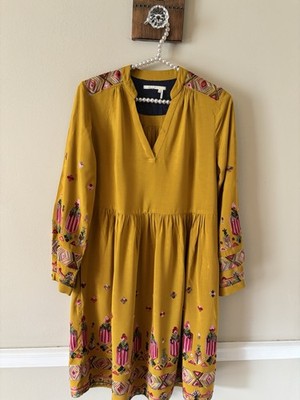floreat embroidered dress Anthropologie Floreat Womens Size XS Raella Dress Yellow Embroidered Floral Boho
