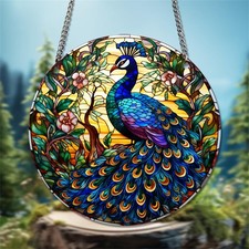 Peacock Round Stained Acrylic Window Hanging Panels Plants Flower Indoor Outd...