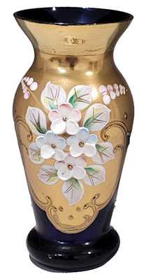 Vintage Czech Bohemia Vase Golden Cobalt Blue Floral 4''