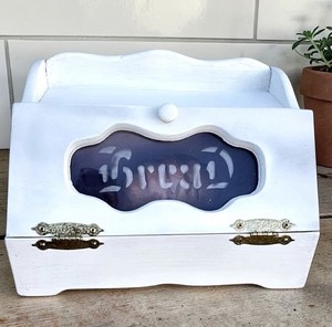 White Wooden Bread Box Vintage Rustic Cottage Kitchen Counter Glass Window