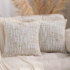 Boho Throw Pillow Covers 18x18 Set of 2 Chenille Pillow Cases with Fringe