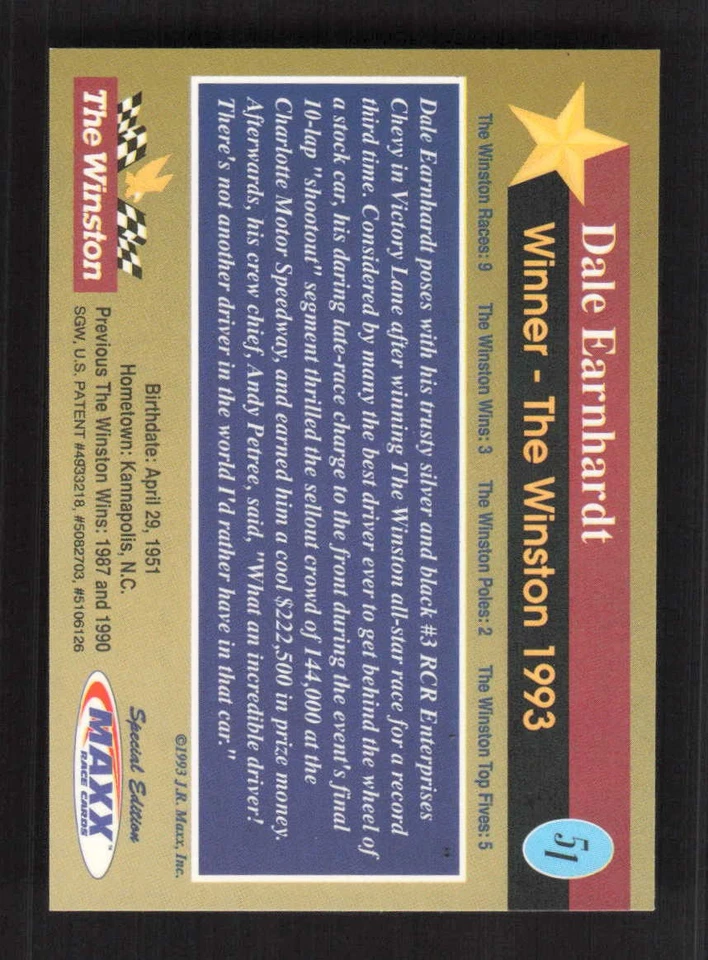 Dale Earnhardt Chromium 1993 Maxx Racing The Winston #51 - Image 2 of 3