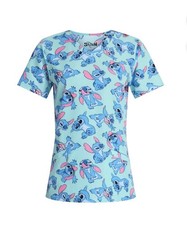 DISNEY Women s Size L Stitch Graphic Scrub Top V-Neck Front Pockets Turquoise