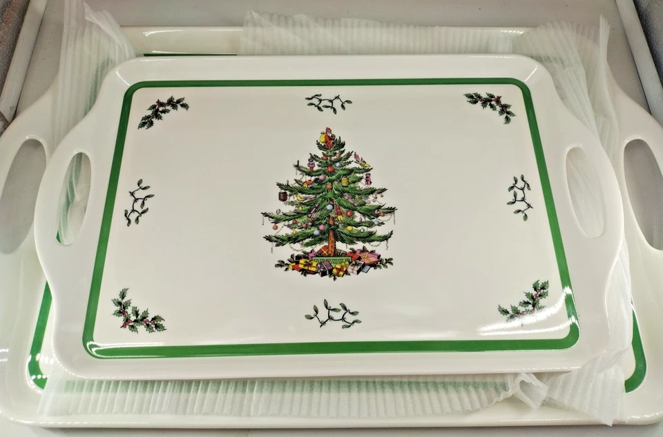 CHRISTMAS SERVING TRAYS W TREES-SPODE MELAMINE PIMPERNEL SET OF 2- RECTANGLE NIB - Image 4 of 4