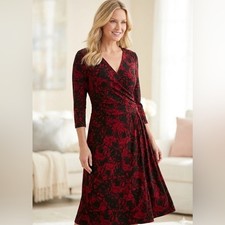 Chaps Red Black Floral Print Empire Waist Dress Size M