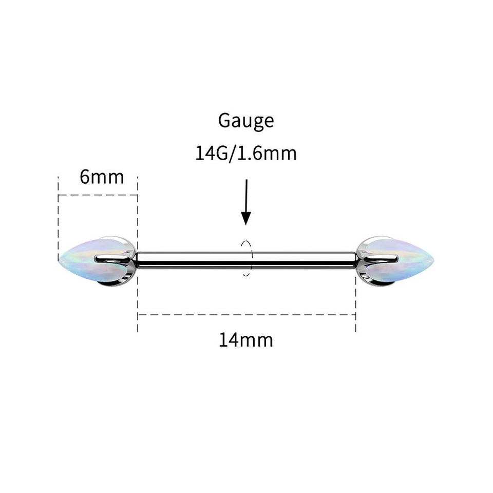 2PCS Nipple Rings G23 Titanium Opal 14G 16mm Straight Barbell Piercing Jewelry - Image 2 of 4