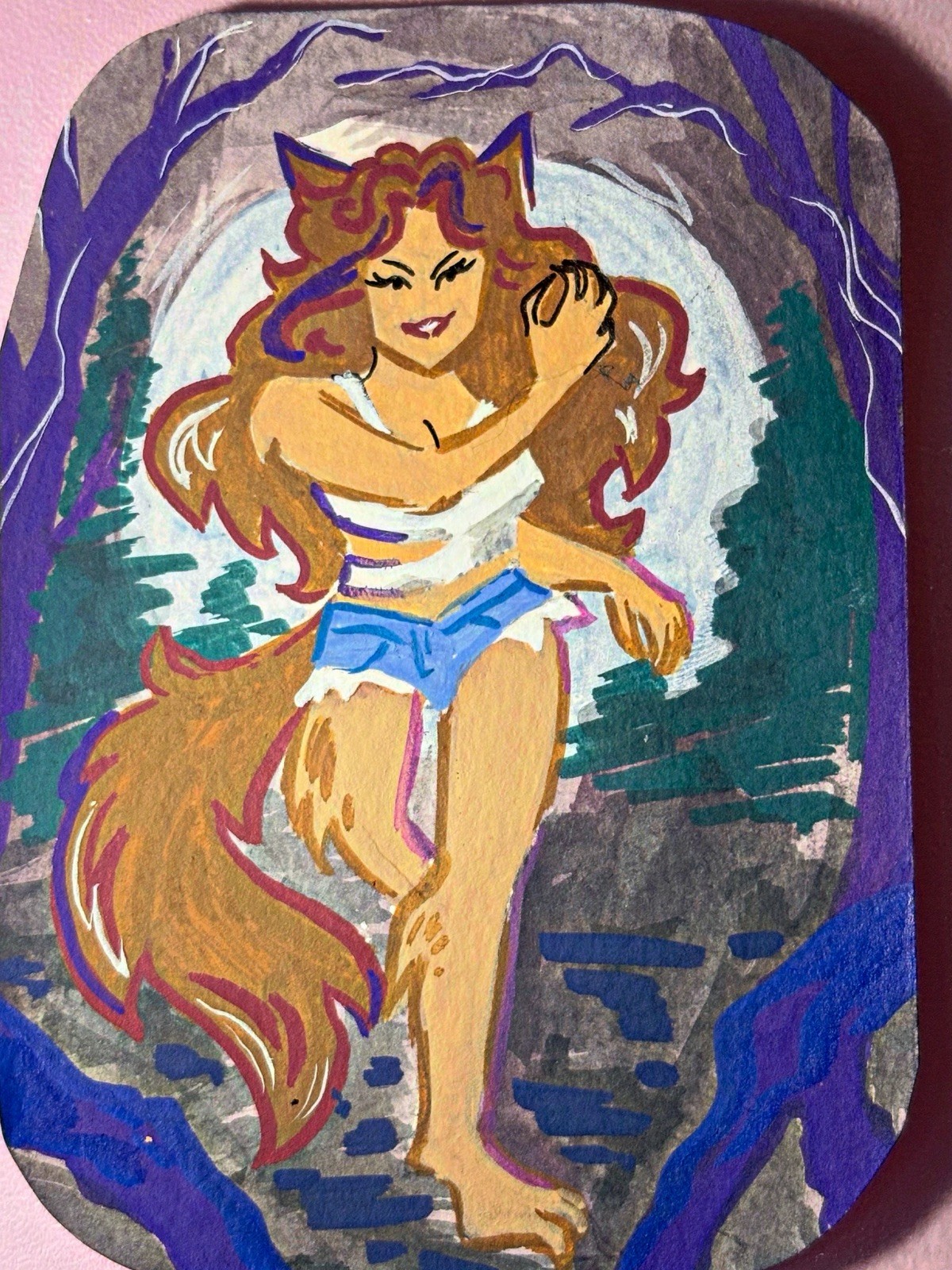ACEO Original Pinup Werewolf in Woods Acrylic On Paper 2.5x3.5 by BrieMcDoodles