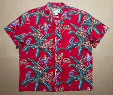 Paradise Found Men XL Hawaiian Aloha Shirt Red Jungle Bird Magnum PI USA Cotton