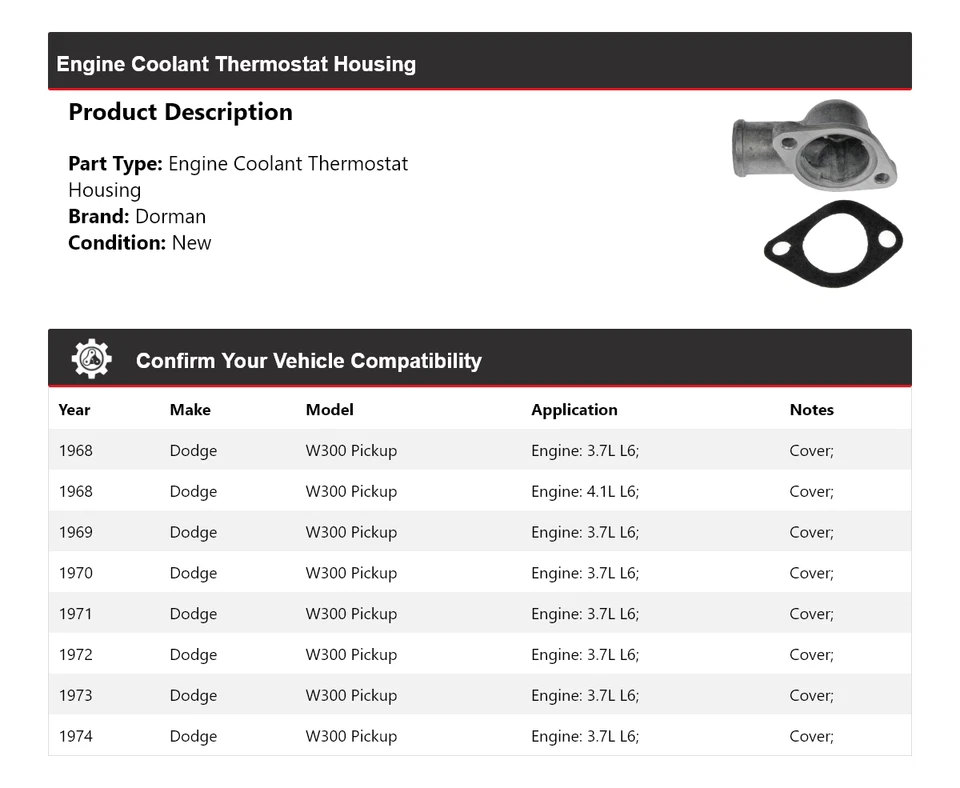 Carcasa termostato refrigerante motor Dorman camioneta Dodge W300 1968-1974 1969 Foto 2 de 4